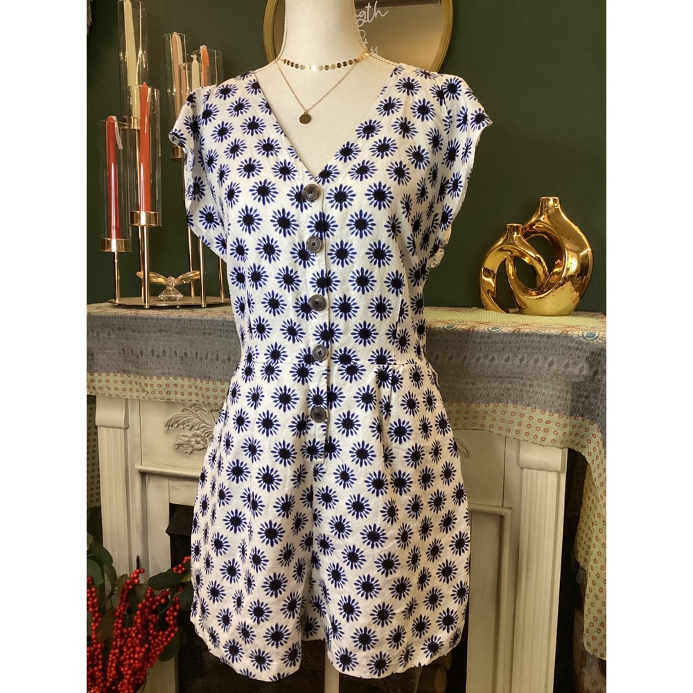 LOFT Women White Navy Blue Sunburst Floral Linen Blend Button Front Romper 8